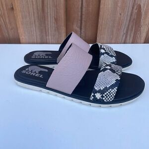Sorel Leather Snake Print Slides Womens Sz 6 Ella Black Vapor Sandals Slip On